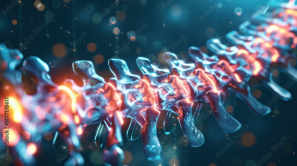 spine structure, anatomy model, D representation of vertebrae, glowing ...