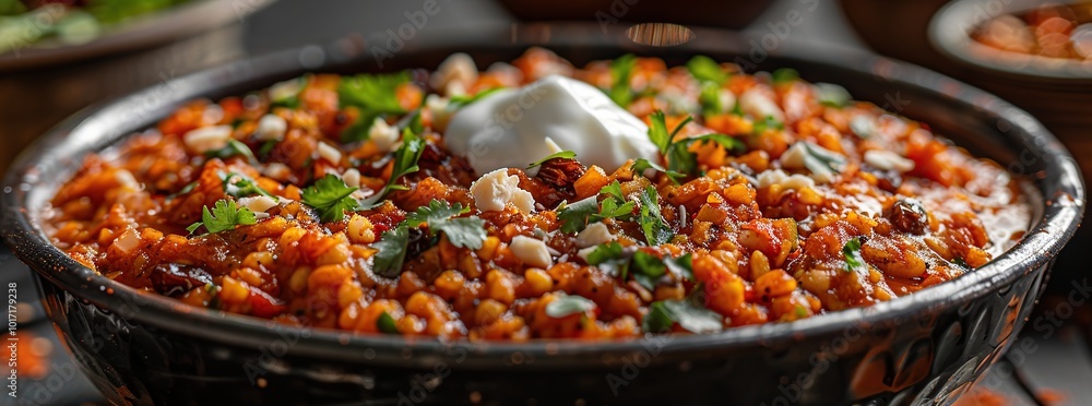 Φωτογραφία Delicious lentil stew with a dollop of yogurt, garnished with fresh cilantro and a sprinkling of cheese