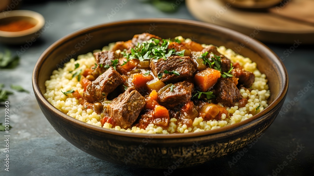 Braised Beef and Vegetable Stew in Ceramic Bowl with Rice Braised Beef and Vegetable Stew in Ceramic Bowl with Rice