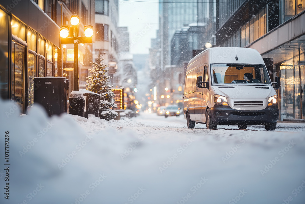 Delivery van on a snowy city street during winter, facing logistical challenges due to heavy snowfall and icy conditions Delivery van on a snowy city street during winter, facing logistical challenges due to heavy snowfall and icy conditions