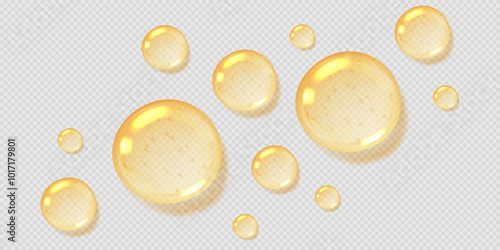 Wallpaper Mural Oil drops, yellow serum with bubbles, transparent honey droplets top view, realistic glossy liquid, moisturizing cosmetic product, hyaluronic acid concept. Vector illustration. Torontodigital.ca