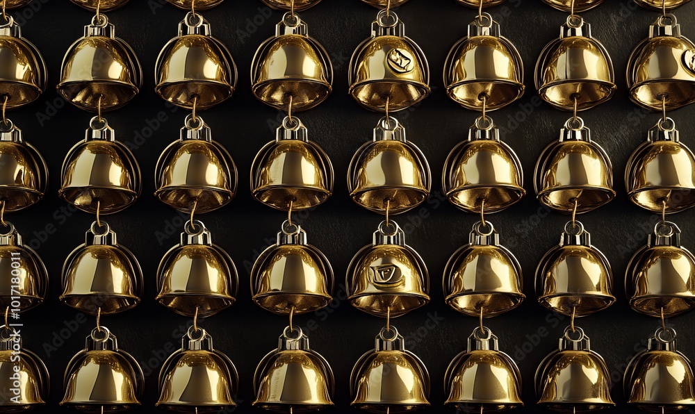 Fototapeta premium Symmetrical arrangement of Christmas bells in a grid pattern, with each bell perfectly aligned and polished