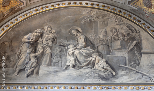 VOGHERA, ITALY - SEPTEMBER 12, 2024: The fresco of Jesus among the children in Domo - Collegiata di San Lorenzo by Luigi Morgari (1906 - 1908).