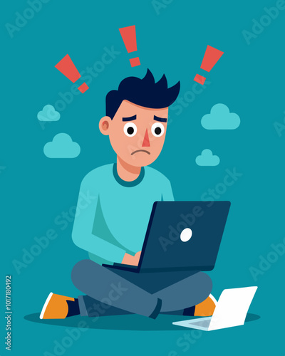 A man postpones buying a new laptop and instead uses his old one until it completely breaks down to save money during tough financial times.. Vector illustration
