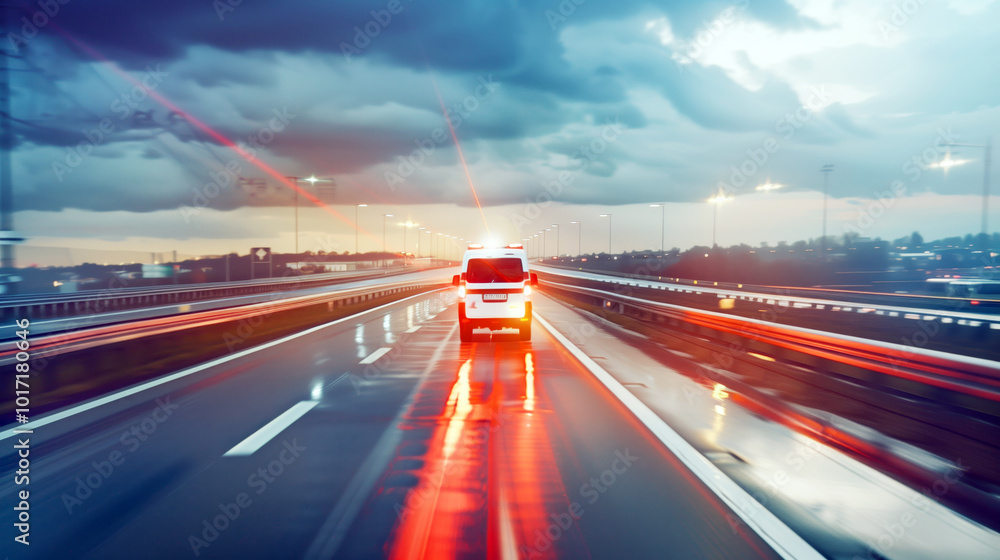 Ambulance racing down wet highway with dramatic sky and streaking lights Ambulance racing down wet highway with dramatic sky and streaking lights