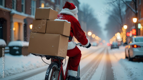 Santa Claus riding a bicycle and carrying cardboard boxes