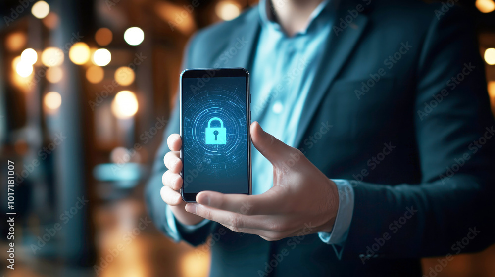 Businessman showcasing cybersecurity lock on smartphone in modern office setting Businessman showcasing cybersecurity lock on smartphone in modern office setting