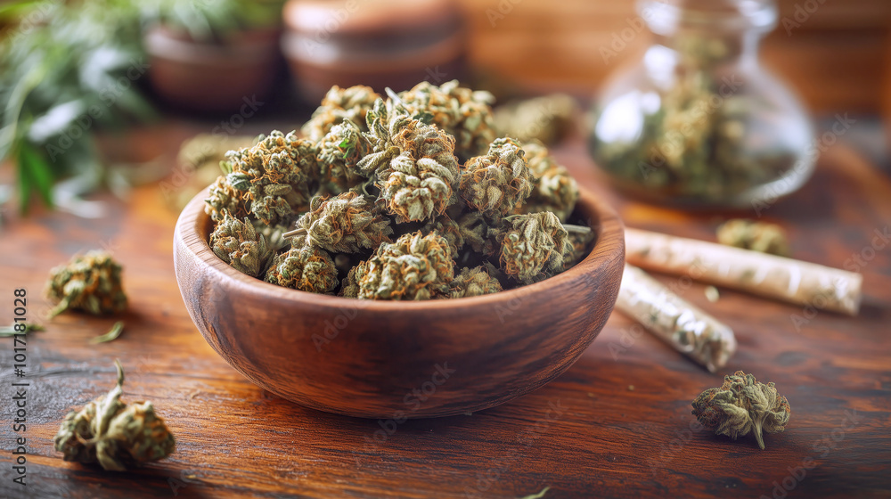 Cannabis buds in wooden bowl with rolled joints on rustic table Cannabis buds in wooden bowl with rolled joints on rustic table
