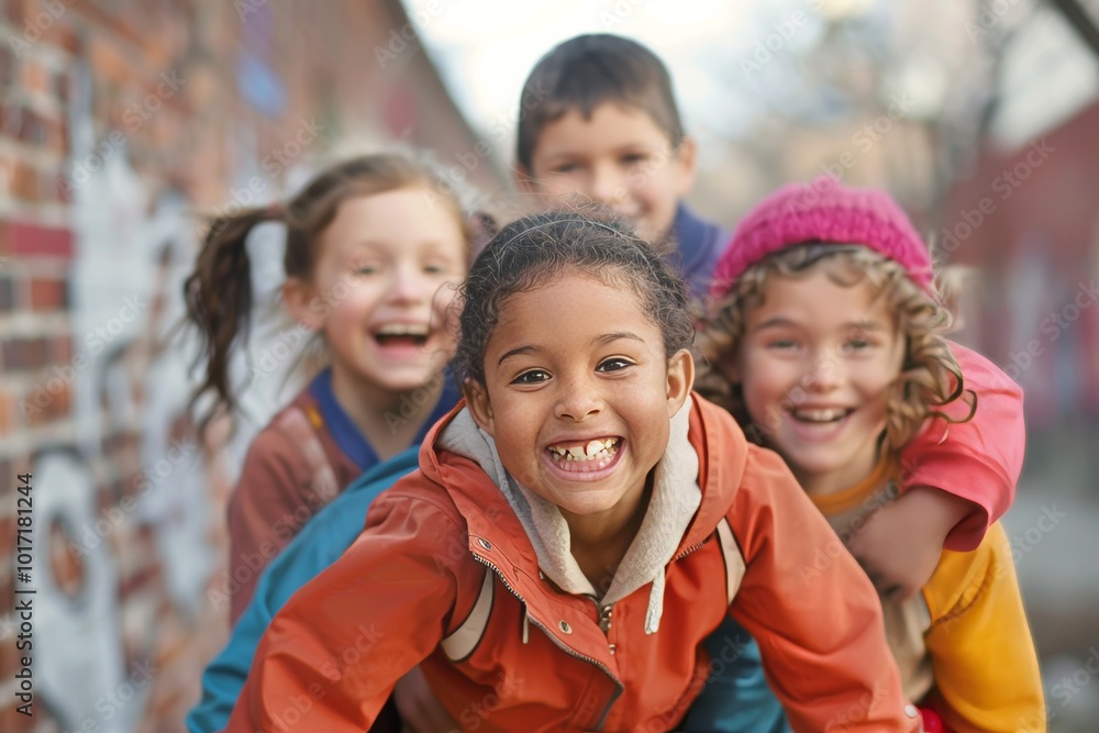 Portrait of a group of children laughing in the street on a sunny day Portrait of a group of children laughing in the street on a sunny day
