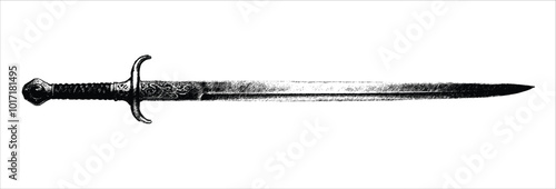 Realistic art drawing of Middle Ages knight sword, sketch, vector illustration isolated on white background