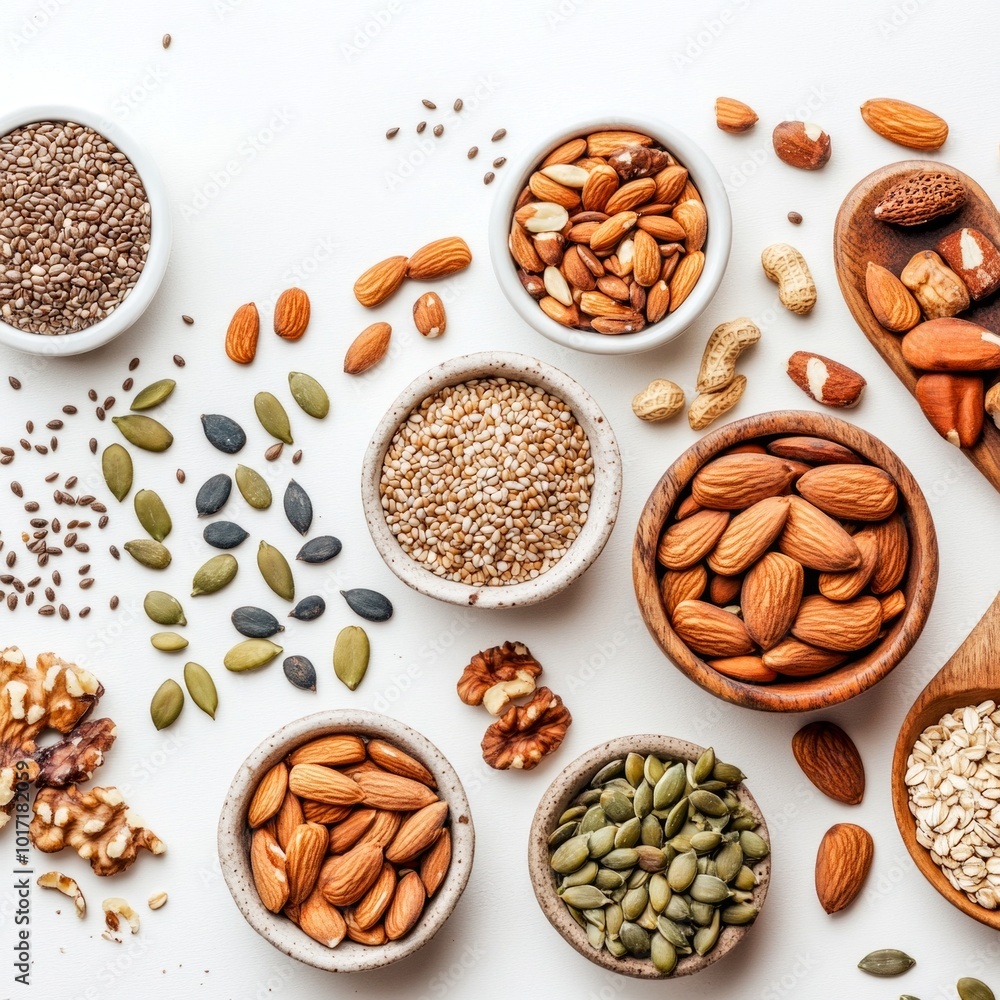 A vibrant display of assorted nuts and seeds in bowls on a clean surface. Perfect for health enthusiasts or food bloggers. A beautiful, natural style emphasizing nutrition. AI A vibrant display of assorted nuts and seeds in bowls on a clean surface. Perfect for health enthusiasts or food bloggers. A beautiful, natural style emphasizing nutrition. AI