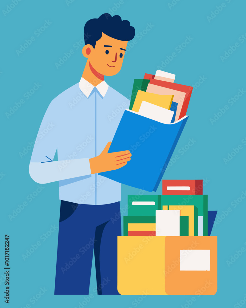 A man organizes his binder of clipped coupons colorcoded and categorized for maximum savings at the grocery store.. Vector illustration A man organizes his binder of clipped coupons colorcoded and categorized for maximum savings at the grocery store.. Vector illustration