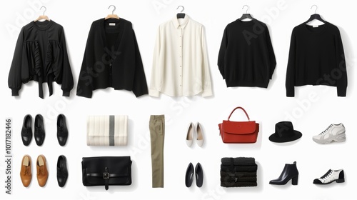 Minimalist Fashion Flat Lay Elegant Monochrome Clothing and Accessories Arrangement