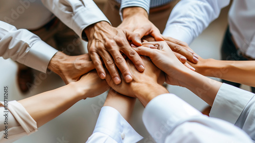 Staff's hands come together showing inspiring teamwork and unity. Coworkers showcasing shared goals and cooperative spirits as example of support, collaboration and solidarity