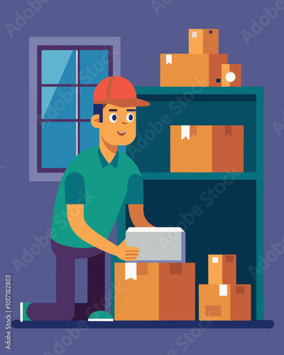 A middleaged man picks up shifts at a local warehouse in addition to his fulltime job in order to save for his childrens college education.. Vector illustration