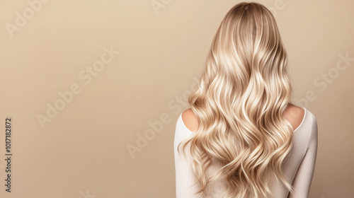 Elegant blonde waves on neutral background highlighting long curly hair