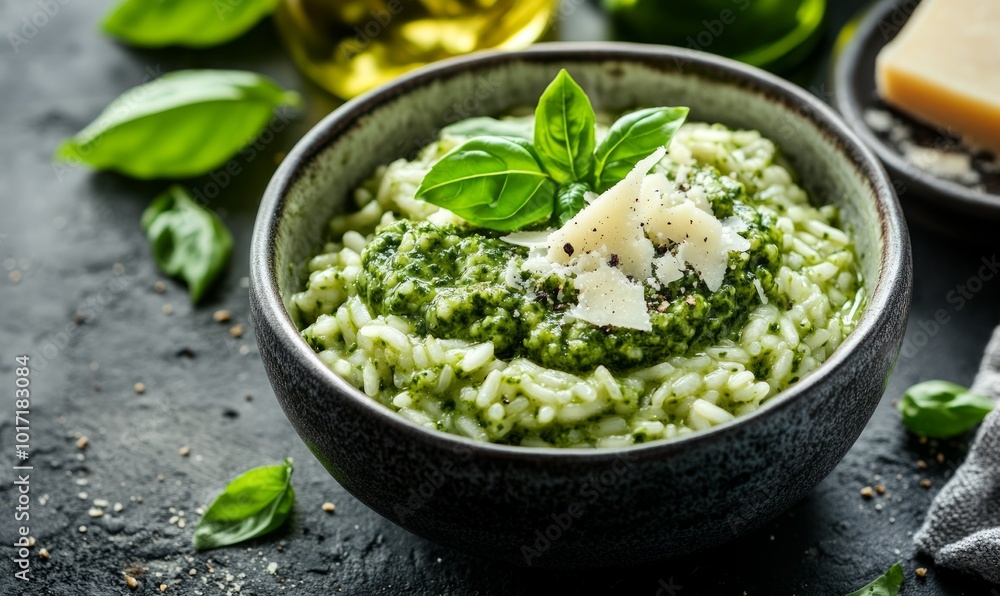 Italian risotto. Delicious risotto with pesto sauce or wild garlic pesto, basil, parmesan Italian risotto. Delicious risotto with pesto sauce or wild garlic pesto, basil, parmesan