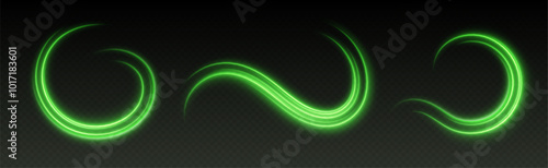 Glowing green light swirls with smooth, flowing curves. Light effect in motion concept. Vector illustration.