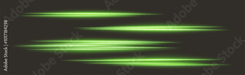 Green speed lines, glowing magic rays, abstract neon lines. Lights in motion effect. Vector illustration.