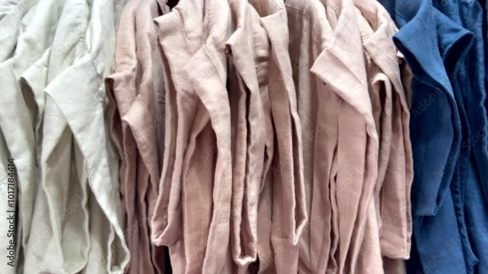 Natural linen clothes in different colors in the store.Closeup of multicolored trendy female wear on hangers in the closet. Summer wardrobe,4K Natural linen clothes in different colors in the store.Closeup of multicolored trendy female wear on hangers in the closet. Summer wardrobe,4K