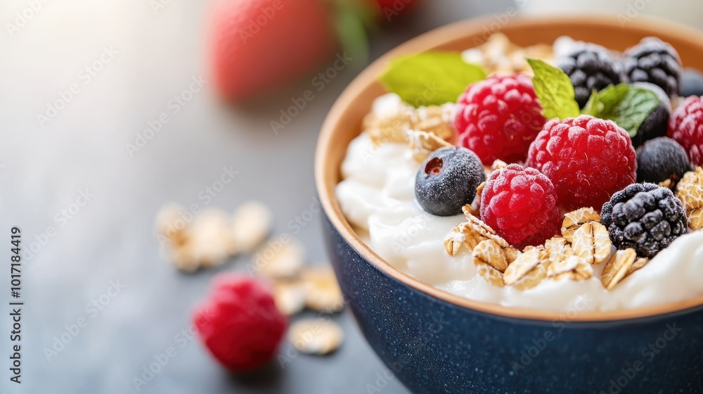 A vibrant bowl of yogurt topped with fresh raspberries, blueberries, and crunchy oats, capturing a healthy and delicious breakfast option in natural light. A vibrant bowl of yogurt topped with fresh raspberries, blueberries, and crunchy oats, capturing a healthy and delicious breakfast option in natural light.