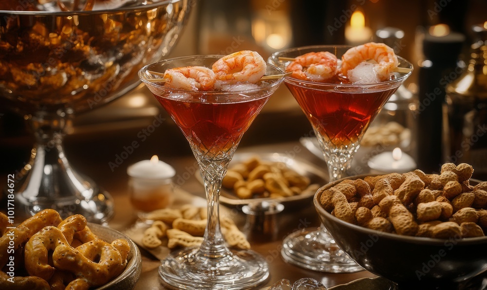 Manhattan cocktails with appetizers of shrimp, fritters, peanuts, cheese balls, and pretzels in a vintage style setting Manhattan cocktails with appetizers of shrimp, fritters, peanuts, cheese balls, and pretzels in a vintage style setting