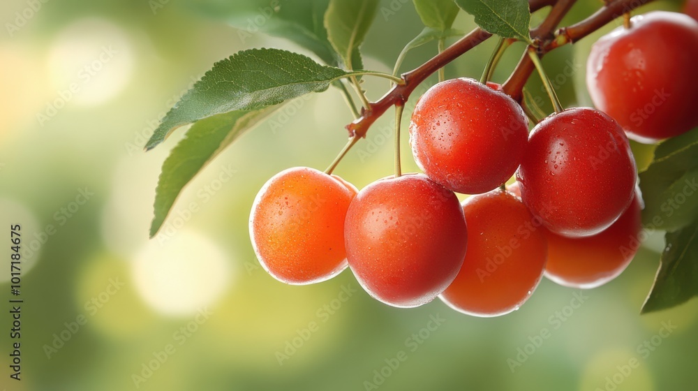 A close-up of vibrant red cherries on a tree branch, bathed in warm sunlight, highlighting the freshness and natural beauty of the fruit on a clear day. A close-up of vibrant red cherries on a tree branch, bathed in warm sunlight, highlighting the freshness and natural beauty of the fruit on a clear day.
