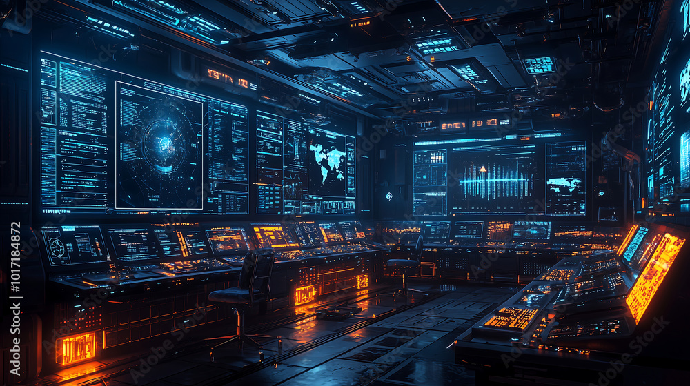 AI driven cyber defense system monitoring real time threats in futuristic control room AI driven cyber defense system monitoring real time threats in futuristic control room
