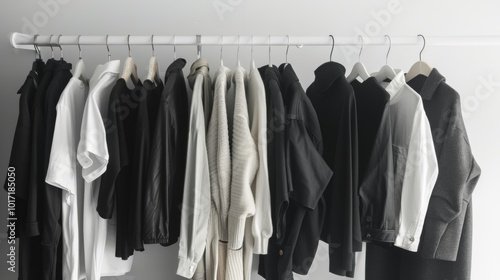 Monochrome Fashion Apparel Displayed on Clothing Rack in Minimalist Retail Setting