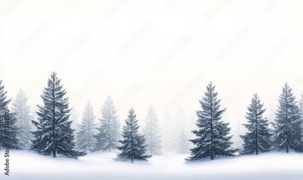 Minimalist snow-covered pine forest under a pale winter sky, with subtle shadows and gentle textures of the trees Minimalist snow-covered pine forest under a pale winter sky, with subtle shadows and gentle textures of the trees