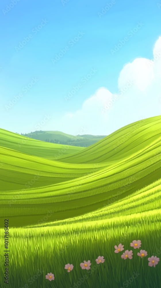 Obraz premium Vibrant green hills with colorful flowers under a bright blue sky.