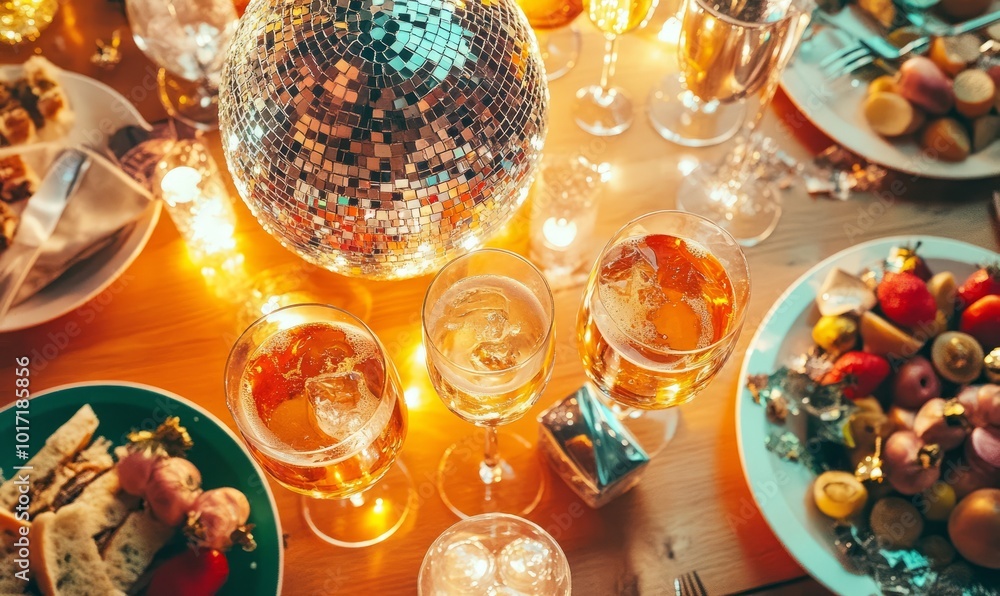 New Year's Eve party table with sparkling drinks, festive snacks, and a shiny disco ball overhead. New Year's Eve party table with sparkling drinks, festive snacks, and a shiny disco ball overhead.