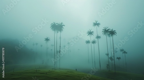 Mystical Misty Tropical Palm Forest Scene with Ethereal Atmosphere and Tranquil Ambiance