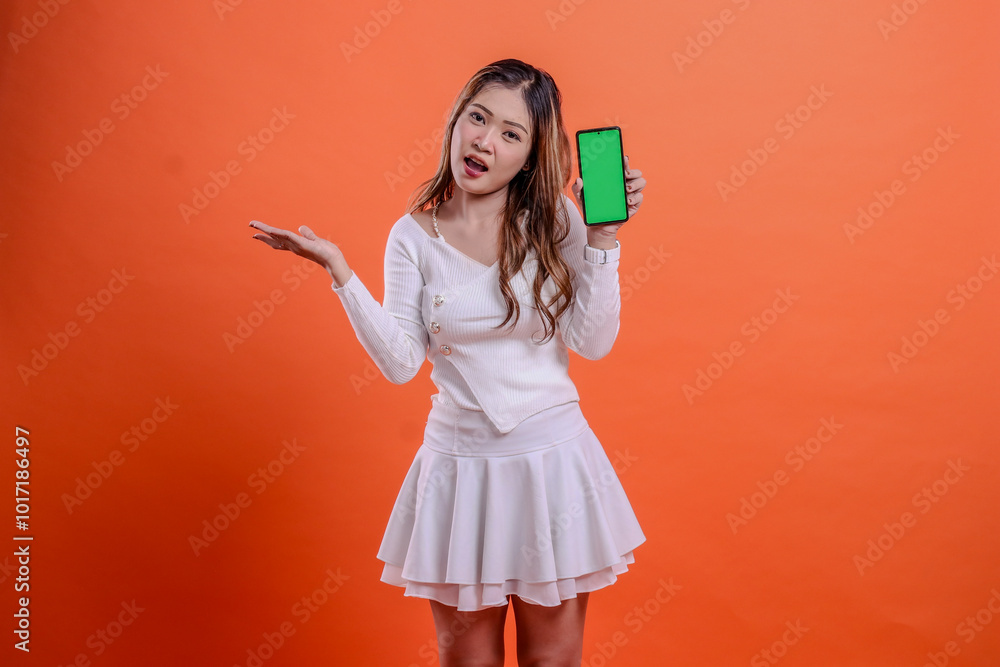 expression of teenage girl in white top standing surprised to camera hand holding mobile phone screen, cellphone while presenting to right isolated orange background. for promotion, lifestyle concept expression of teenage girl in white top standing surprised to camera hand holding mobile phone screen, cellphone while presenting to right isolated orange background. for promotion, lifestyle concept
