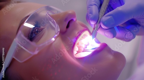 Dentist using a dental curing light to harden a filling in a patient's tooth