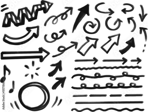 set of hand drawn arrows-Doodle line oil paint brush element set on blackboard. oil painting  texture brush stroke square, spiral, arrow element.