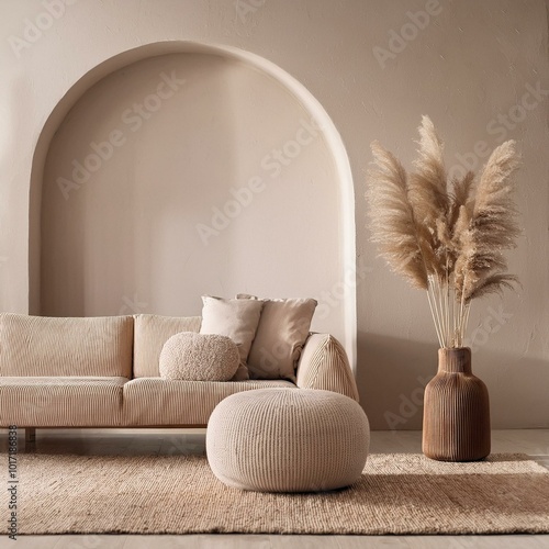 Beige bouclé sofa and pouf against an arched stucco wall. Minimalist interior design of a modern living room, Japanese asian concept photo