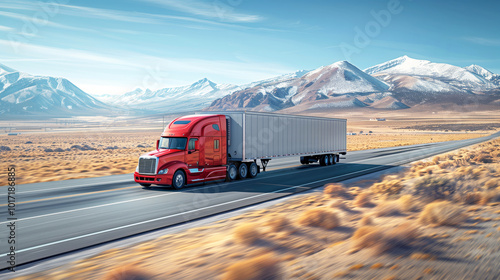 Red freight truck on desert highway with snow-capped mountains in background