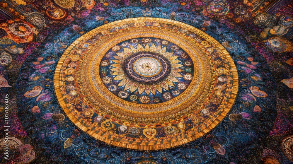 Fototapeta premium Colorful, ornate mandala with a central golden disc, surrounded by intricate patterns on a dark blue background.