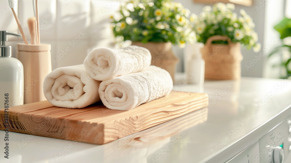 Spa-inspired bathroom decor with rolled towels and fresh flowers on wooden tray Spa-inspired bathroom decor with rolled towels and fresh flowers on wooden tray