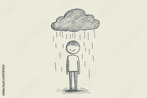 sad person standing under a rain cloud, representing sadness, depression, and emotional struggles photo