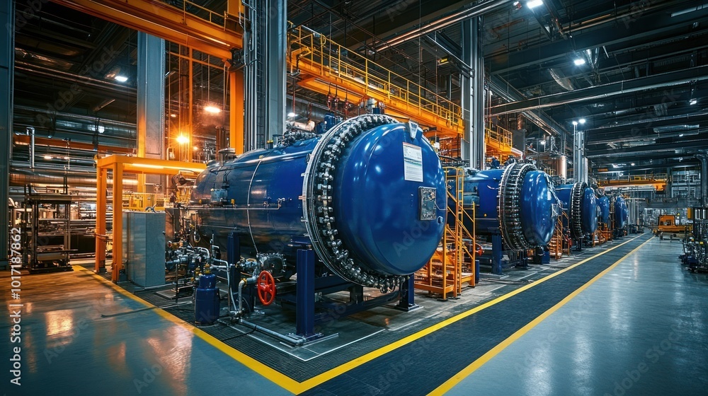 Obraz premium Industrial Facility with Large Blue Cylinders