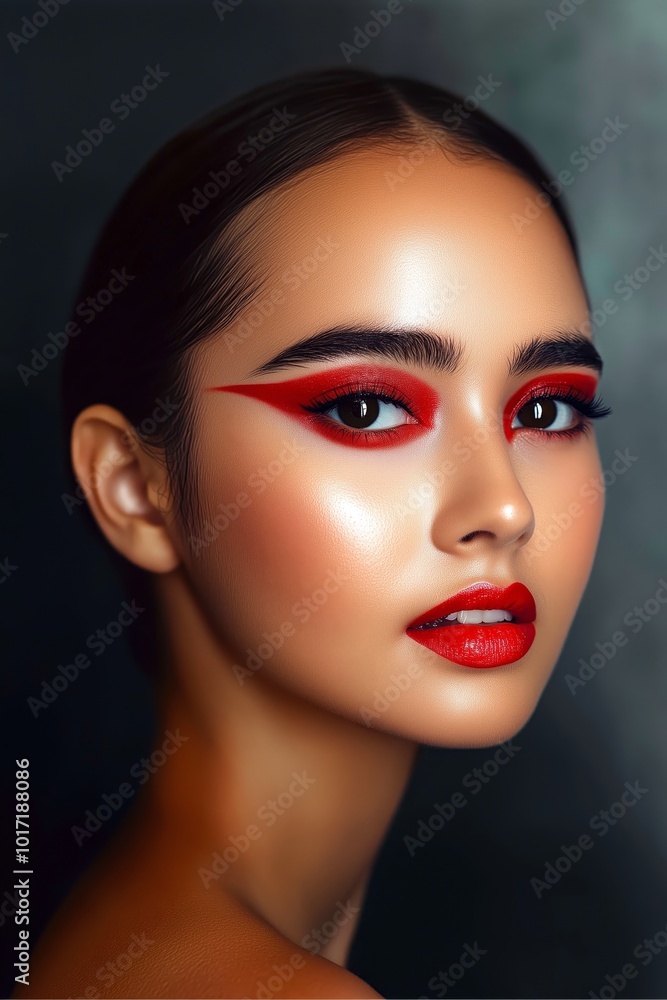 Portrait of a young woman with striking red makeup and glossy lips. Portrait of a young woman with striking red makeup and glossy lips.
