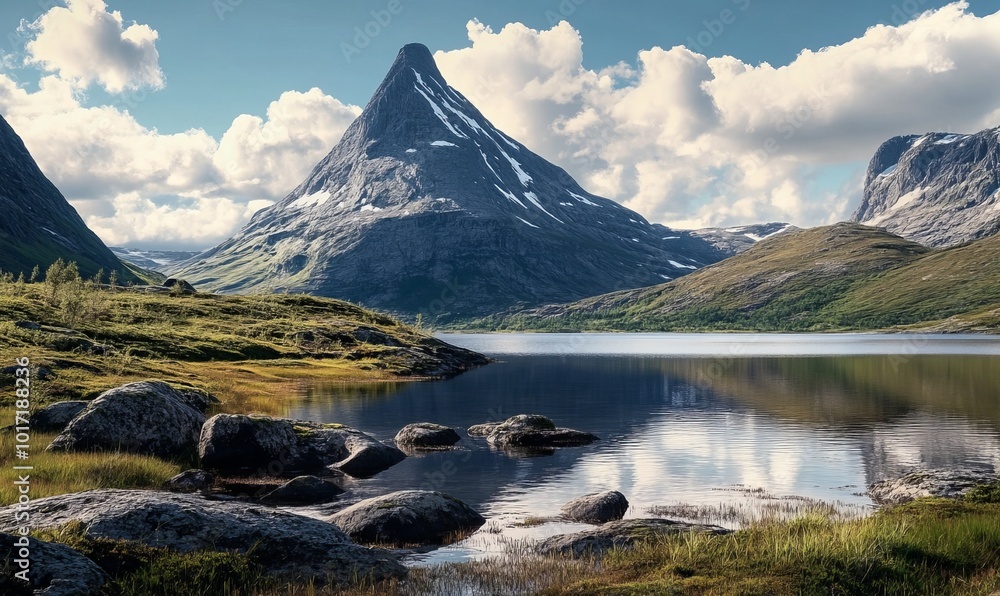 Obraz premium mountain lake against the background of a mountain with a detached peak