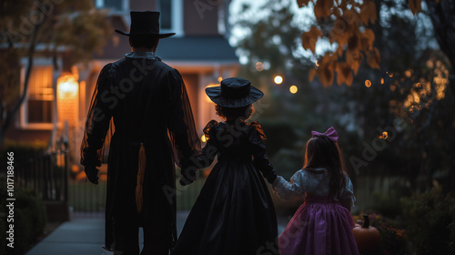  Family dressed in Halloween costumes, holding hands and walking down the street at dusk on an empty suburban neighborhood front yard with a single house lit up by lights