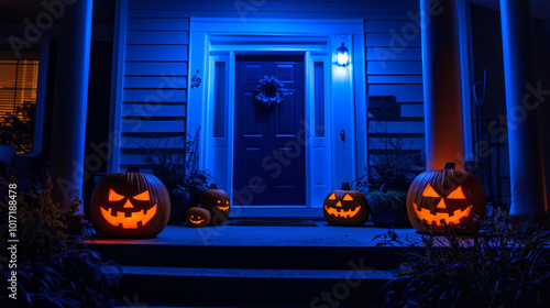 House with Halloween pumpkins lit up at night on the front porch, illuminated by blue lights