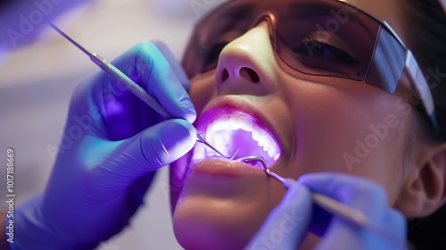 Dentist using a dental curing light to set a composite filling
