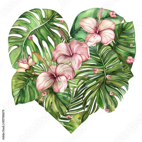 Heart-shaped red tropical flowers and monstera leaves framed on a white background. Postcard, design, illustration.