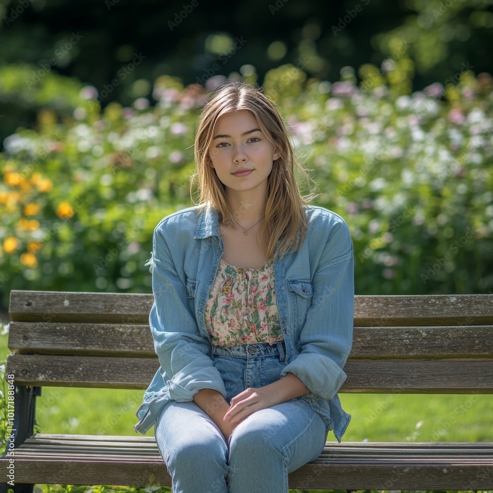 Young woman sitting on a bench in a park. Young woman sitting on a bench in a park.
