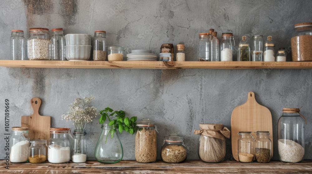 Rustic Kitchen Shelves with Herbs Spices and Cooking Ingredients Rustic Kitchen Shelves with Herbs Spices and Cooking Ingredients